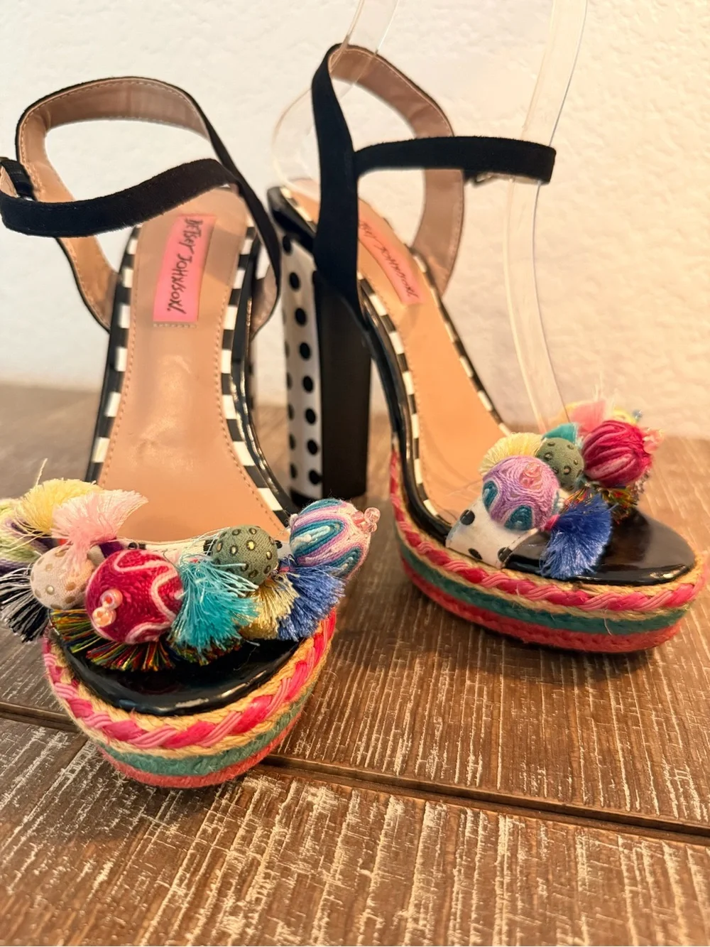 Betsey Johnson Multicolor Polka Dot Pom Pom Platform Espadrille Sandals Sz 6.5